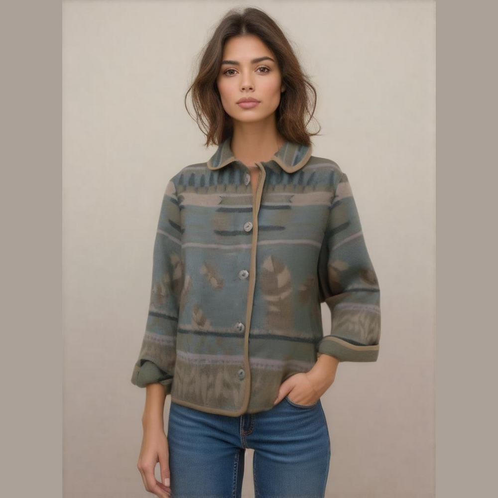 Coldwater Creek Women's M Vintage Blue Green Wool Blend Feather Boho Barn Coat